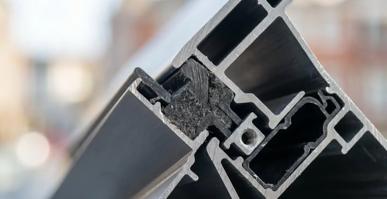Détail macro d'un profilé aluminium montrant la rupture de pont thermique avec joint d'isolation visible et finition contemporaine