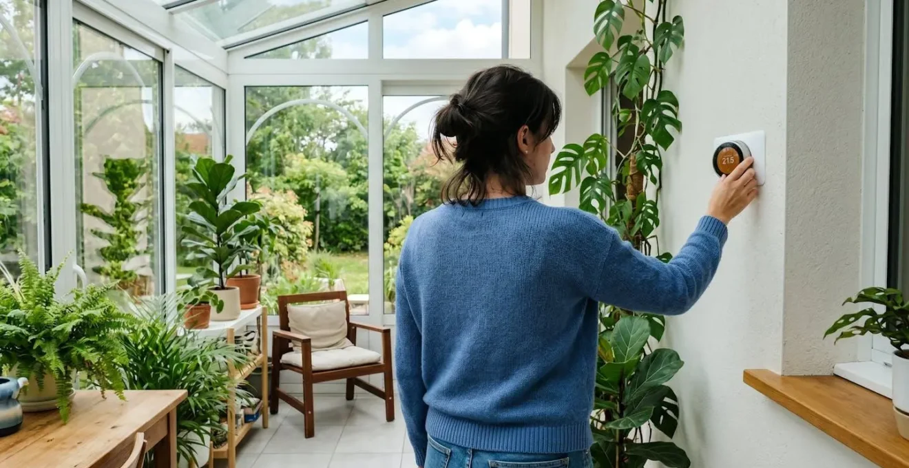 Une personne vue de dos ajustant un thermostat moderne dans une véranda lumineuse avec de grandes baies vitrées