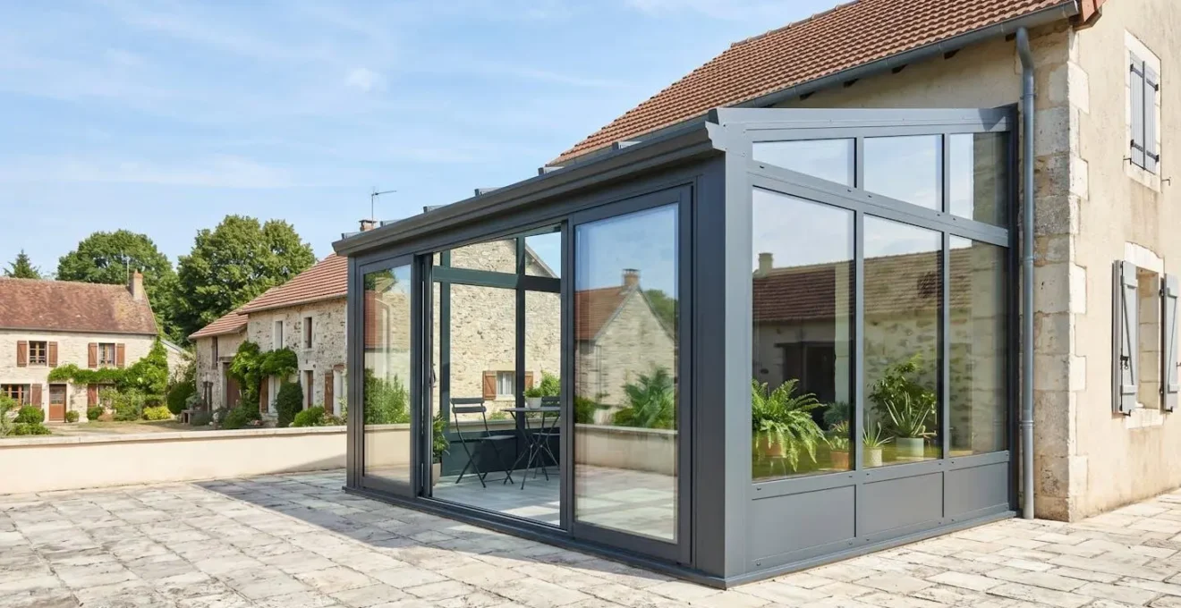 Une véranda contemporaine en aluminium vue depuis le jardin, avec de larges baies vitrées orientées sud et une maison individuelle française en arrière-plan