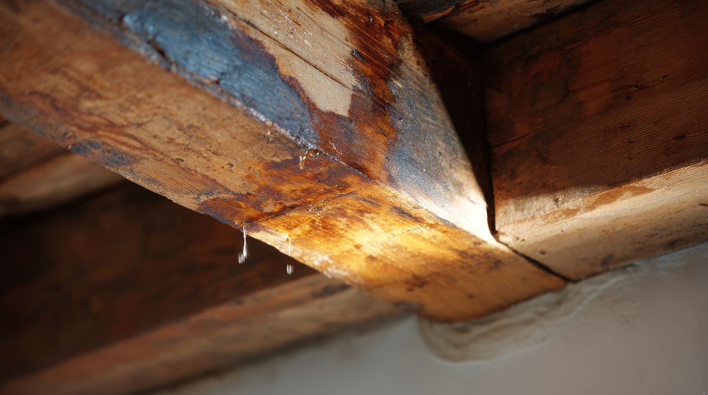 Poutre de charpente en bois dans un comble présentant des traces visibles d'infiltration d'eau : assombrissement du bois et début de moisissures noires dans les angles