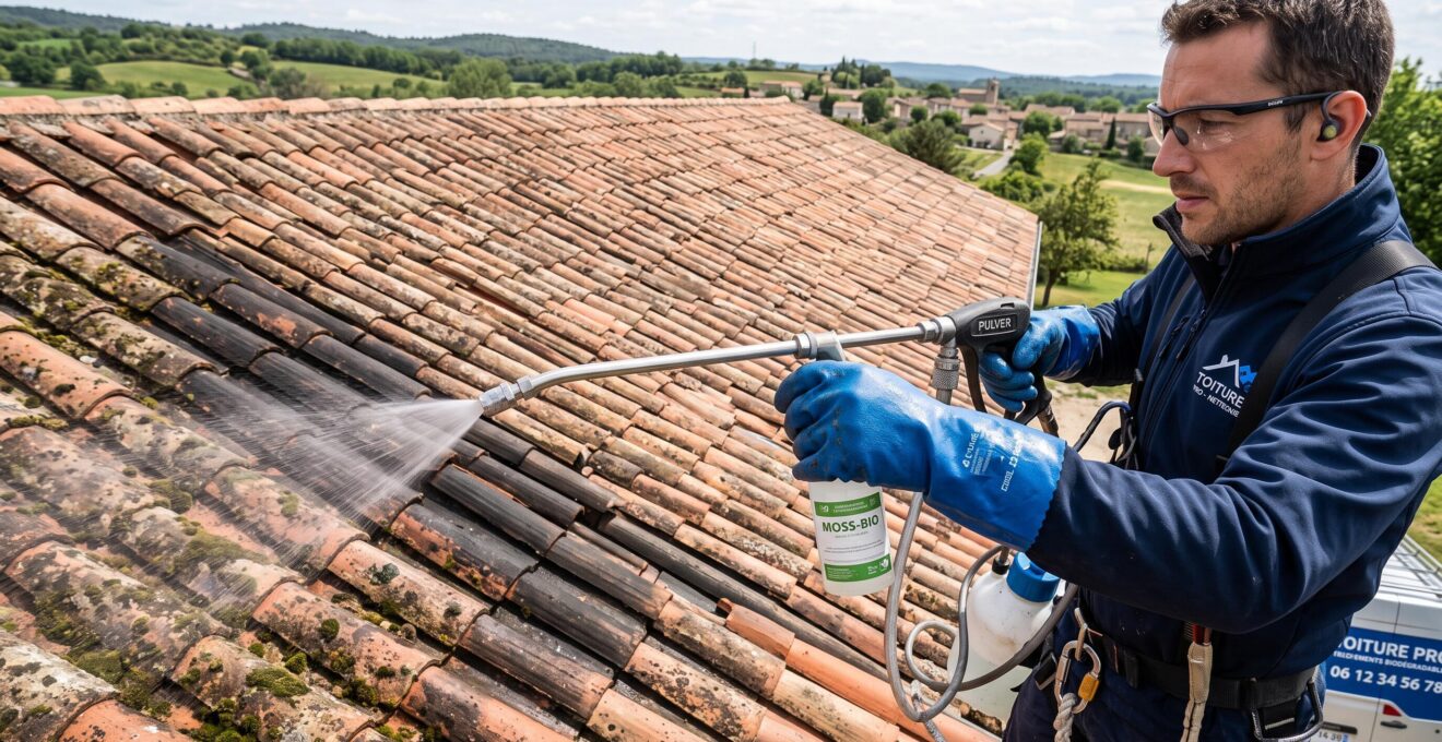 Artisan couvreur utilisant une perche carbone télescopique depuis le sol pour nettoyer une toiture en tuiles terre cuite d'une maison individuelle dans les Pays de la Loire